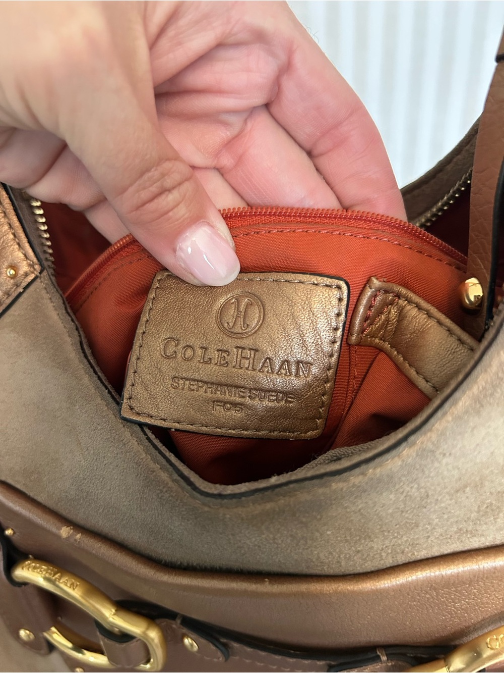 COLE HAAN STEPHANIE SUEDE bronze studded leather horsebit hobo equastrian bag - Picture 4 of 11